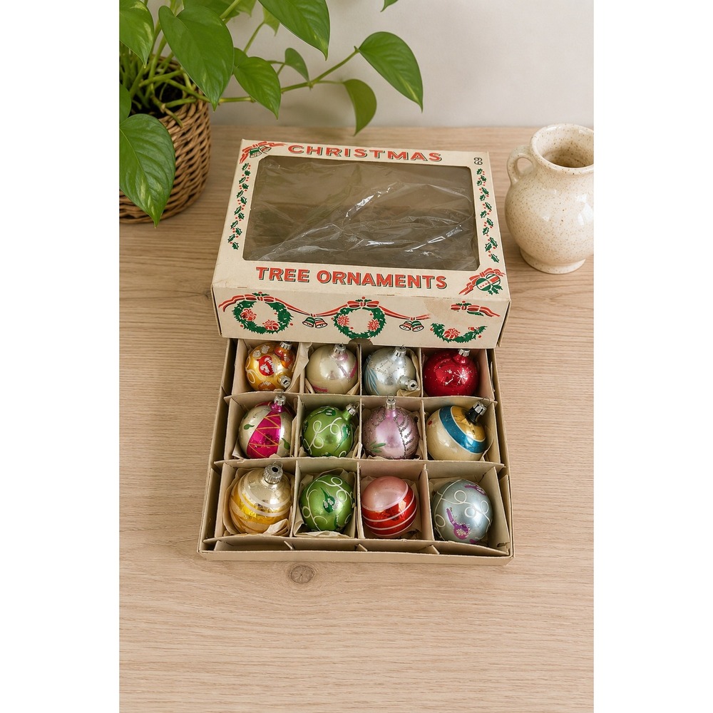 Vintage Mercury Glass Christmas Ornaments MultiColor Poland Austria Boxed Set 12